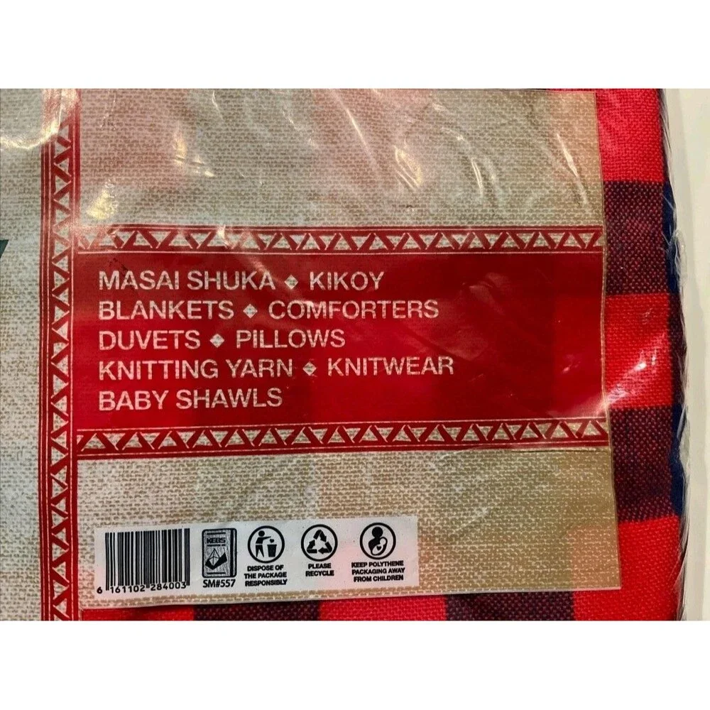 NWT Butterfly Maasai Blanket Shawl Red Blue Plaid 61x79 inch Kenya African Shuka